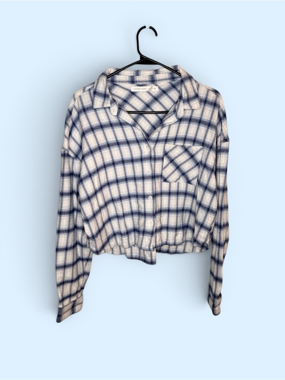 Altar'd State Blue White Plaid Cropped Button Down Shirt Medium
